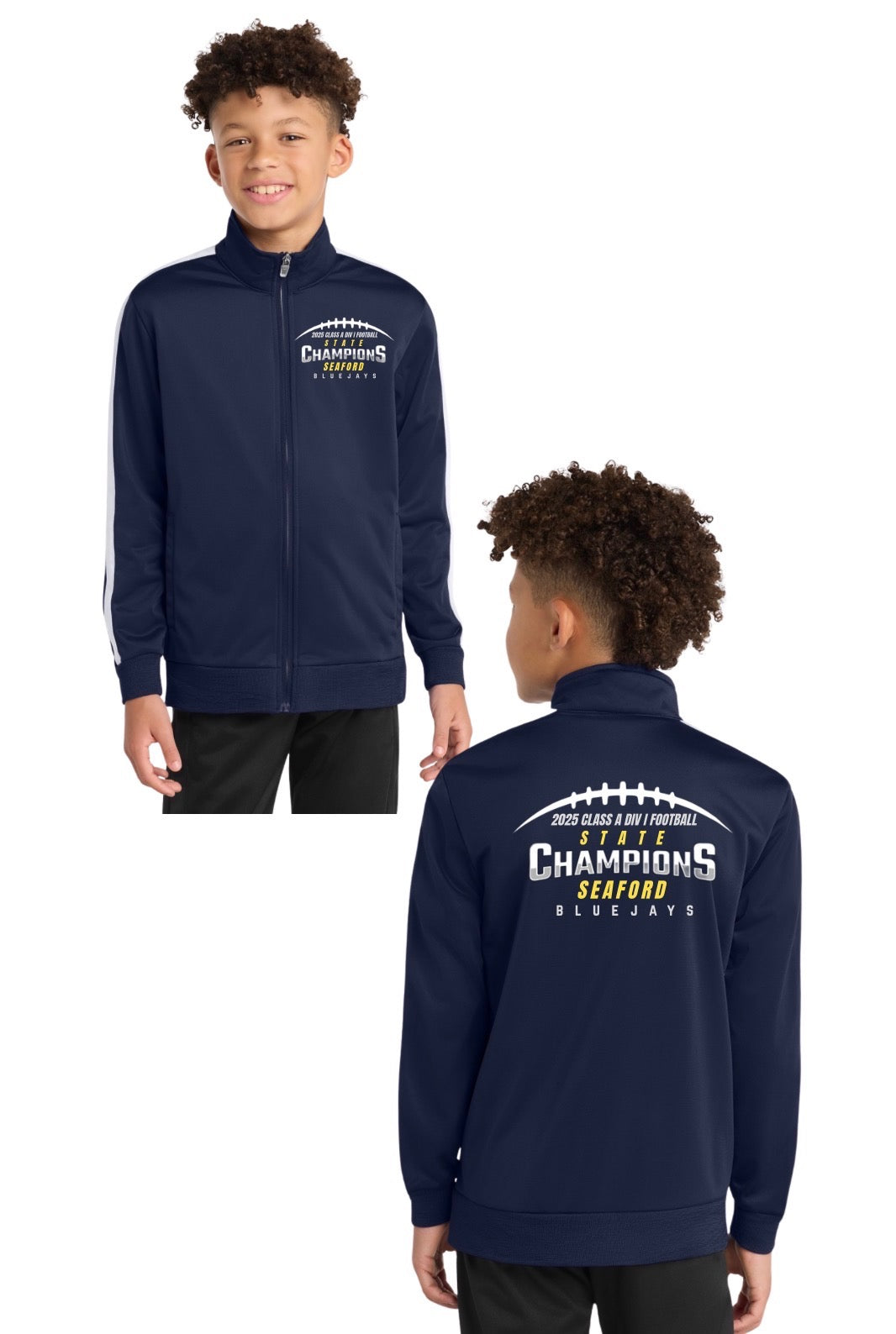 Seaford BlueJays 2025 State Champion YOUTH Tricot Sleeve Stripe Track Jacket